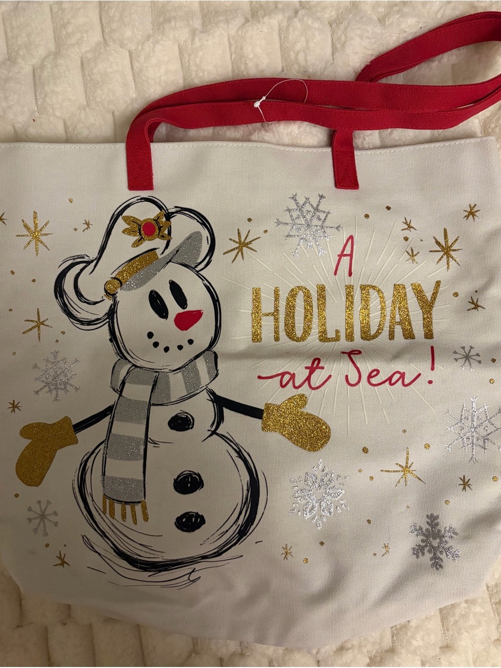 Disney White Holiday Tote with Red Handles and Gold Accents